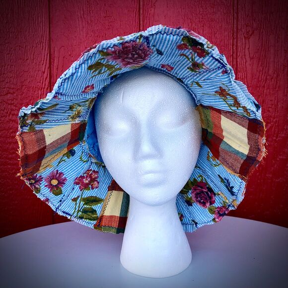 Upcycled Patchwork Hat One of One - Blue and Orange Floral Design